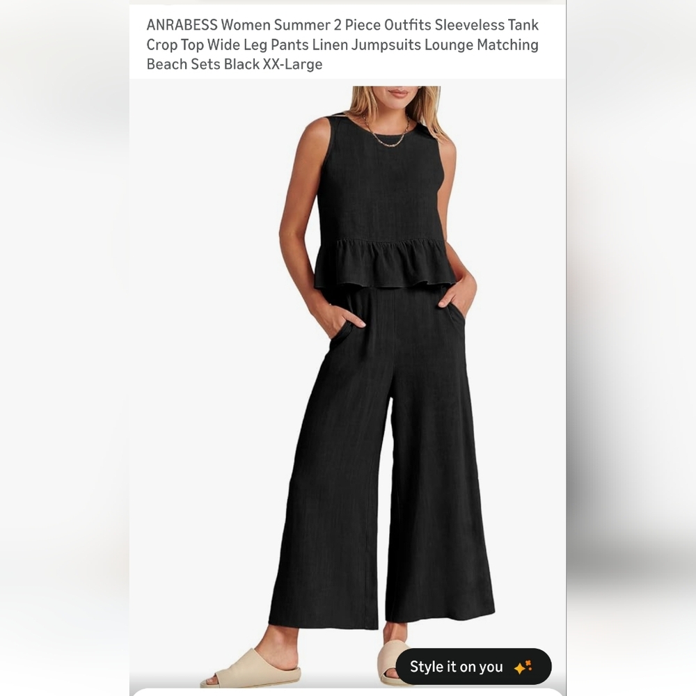 ANRABESS Women 2 Piece - Sleeveless Tank Crop Top Wide Leg Pants, XXL, Black